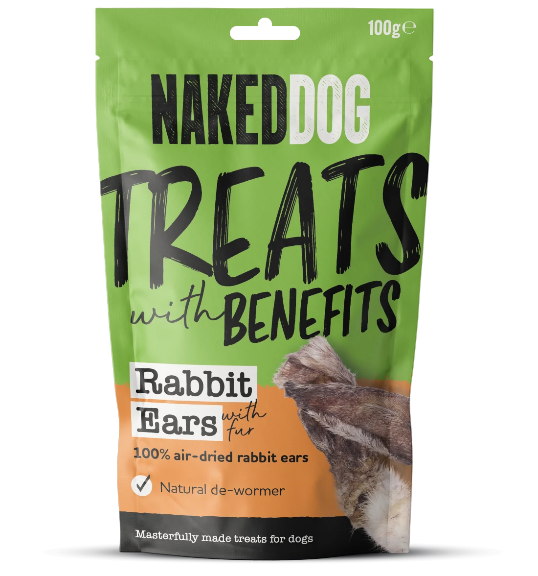 Naked Dog TREATS WITH BENEFITS 100g - Rabbit Ears with Fur (Case of 5)